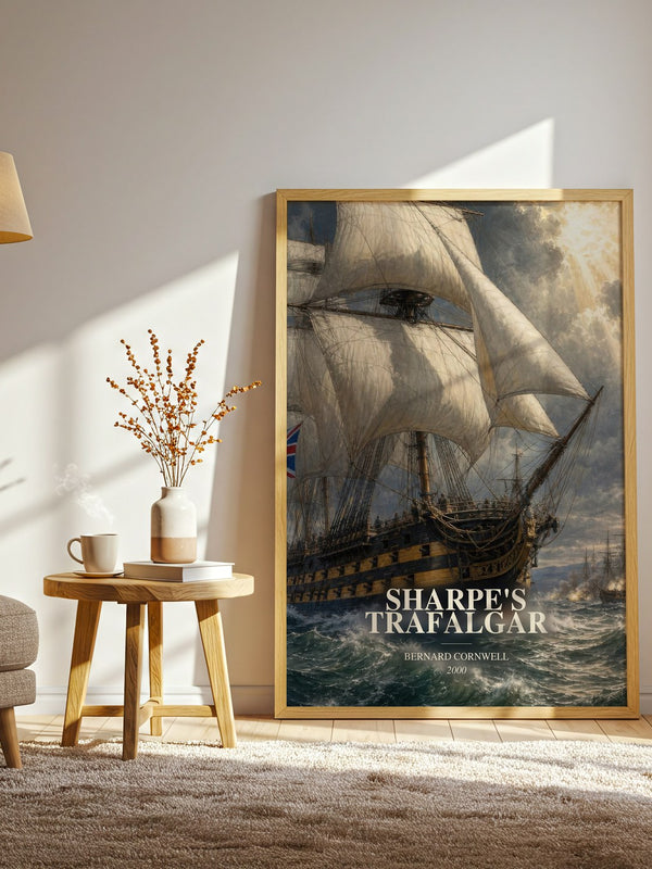 Sharpe's Trafalgar watercolour print in frame leaning in hallway – historical fiction wall art