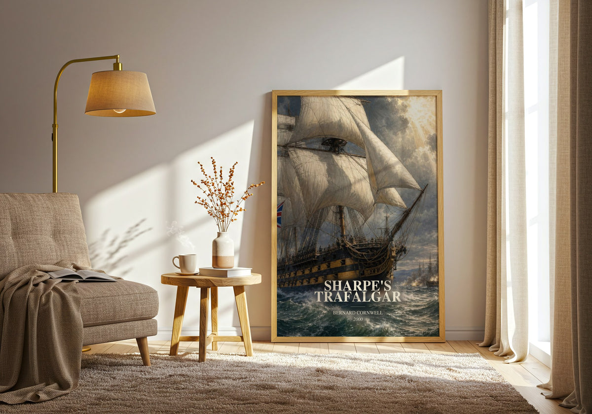 Sharpe's Trafalgar watercolour print in frame leaning in hallway – historical fiction wall art (mockup)