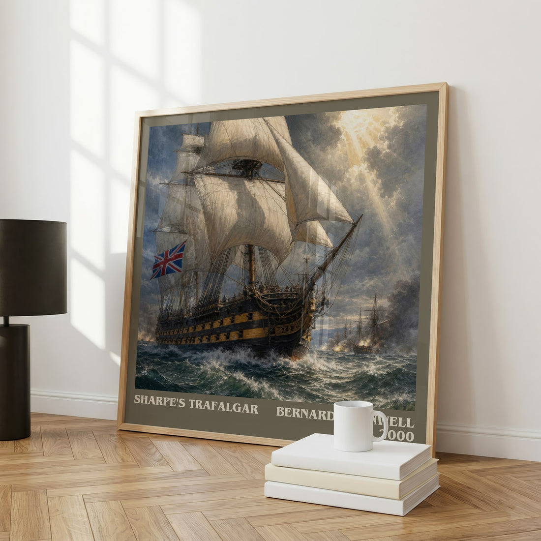 Sharpe's Trafalgar Literary Art Print by Bernard Cornwell – large square framed print leaning against a wall