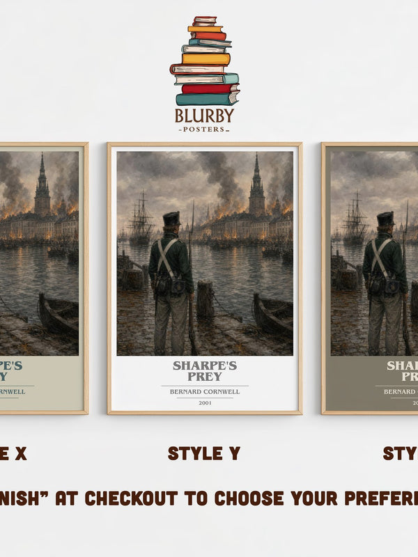 Sharpe's Prey book cover print in frame leaning in hallway – historical fiction wall art