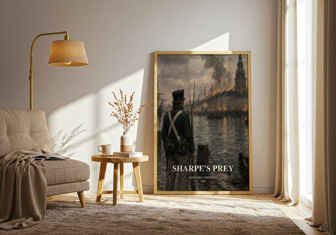 Sharpe's Prey watercolour print in frame leaning in hallway – historical fiction wall art (mockup)