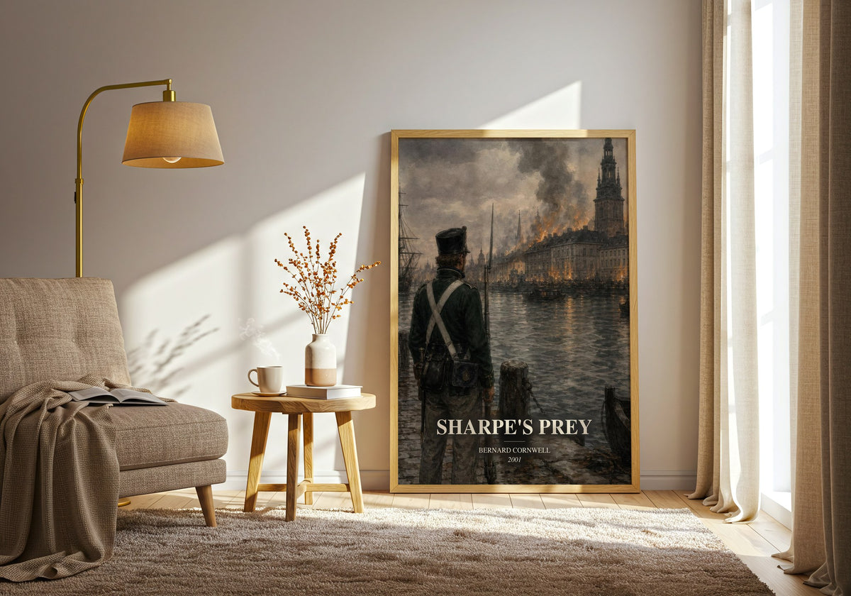 Sharpe's Prey watercolour print in frame leaning in hallway – historical fiction wall art (mockup)