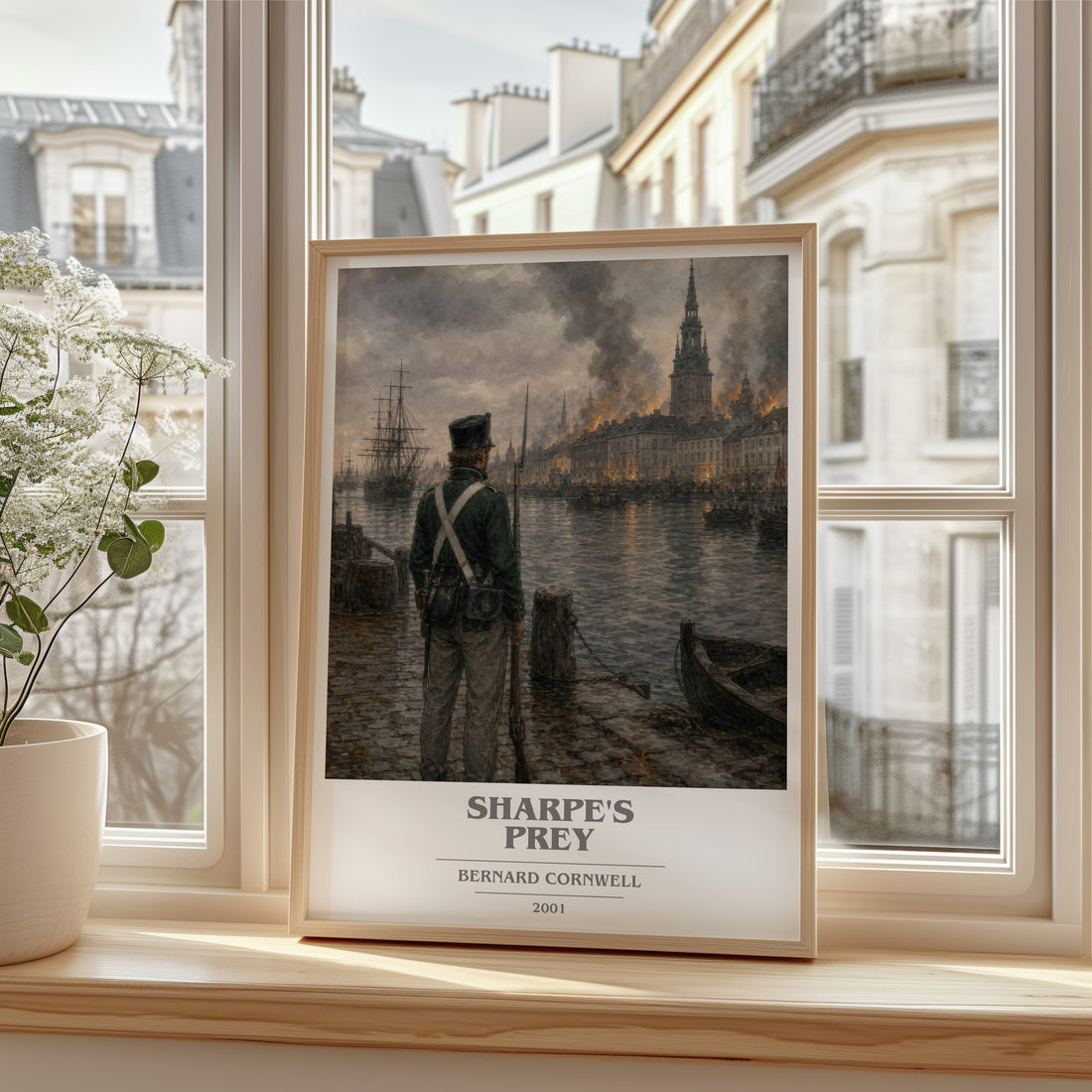 Sharpe's Prey Book Cover Poster by Bernard Cornwell – framed print by a bright window