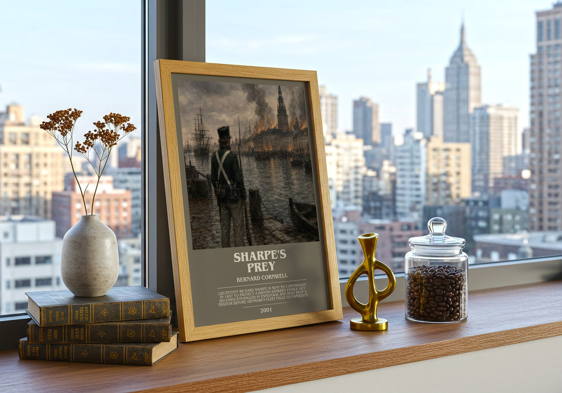 Sharpe's Prey Bookish Wall Art by Bernard Cornwell – framed print on a city-view windowsill