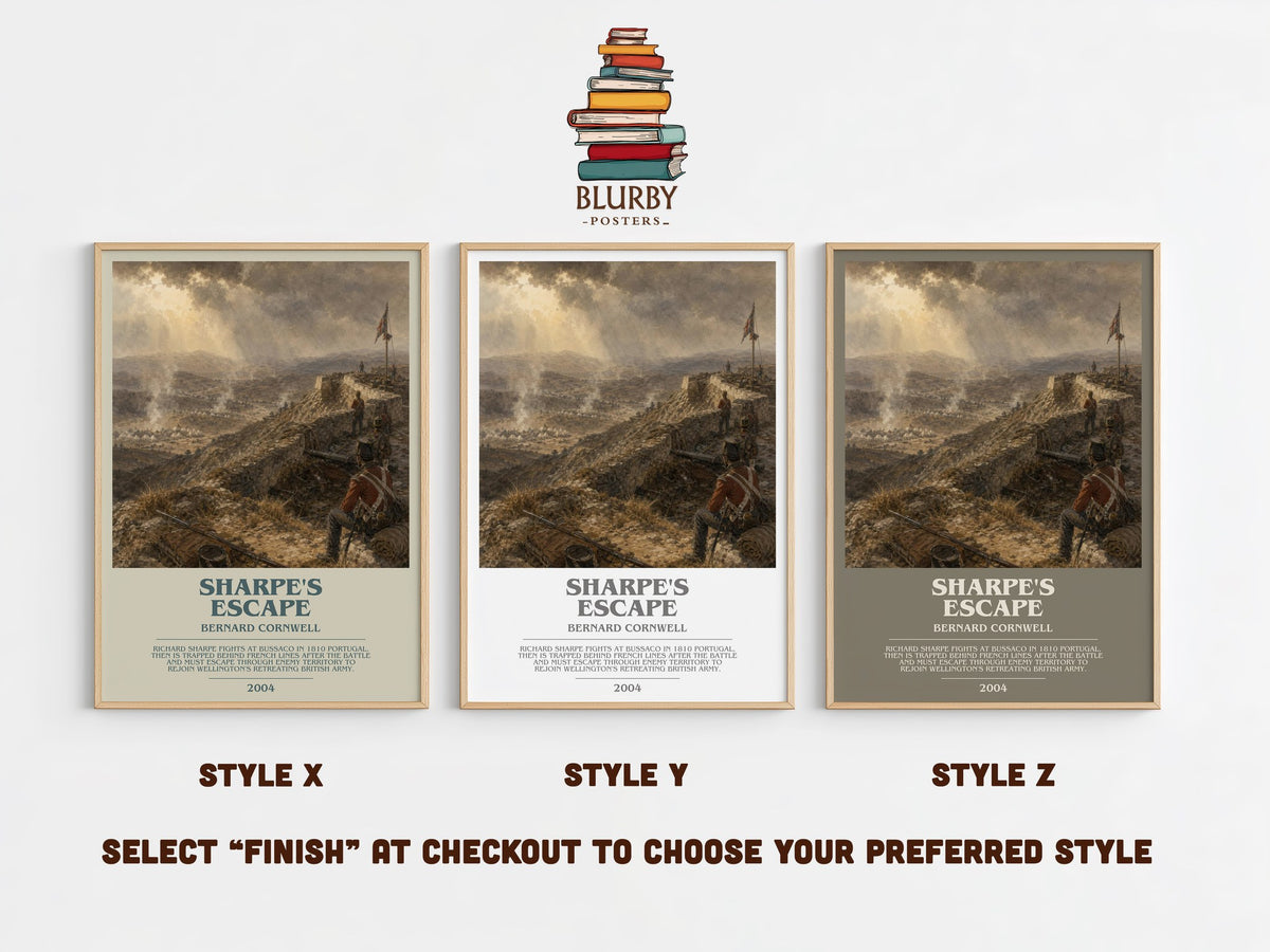 Sharpe's Escape bookish print in frame leaning in hallway – historical fiction wall art (mockup)