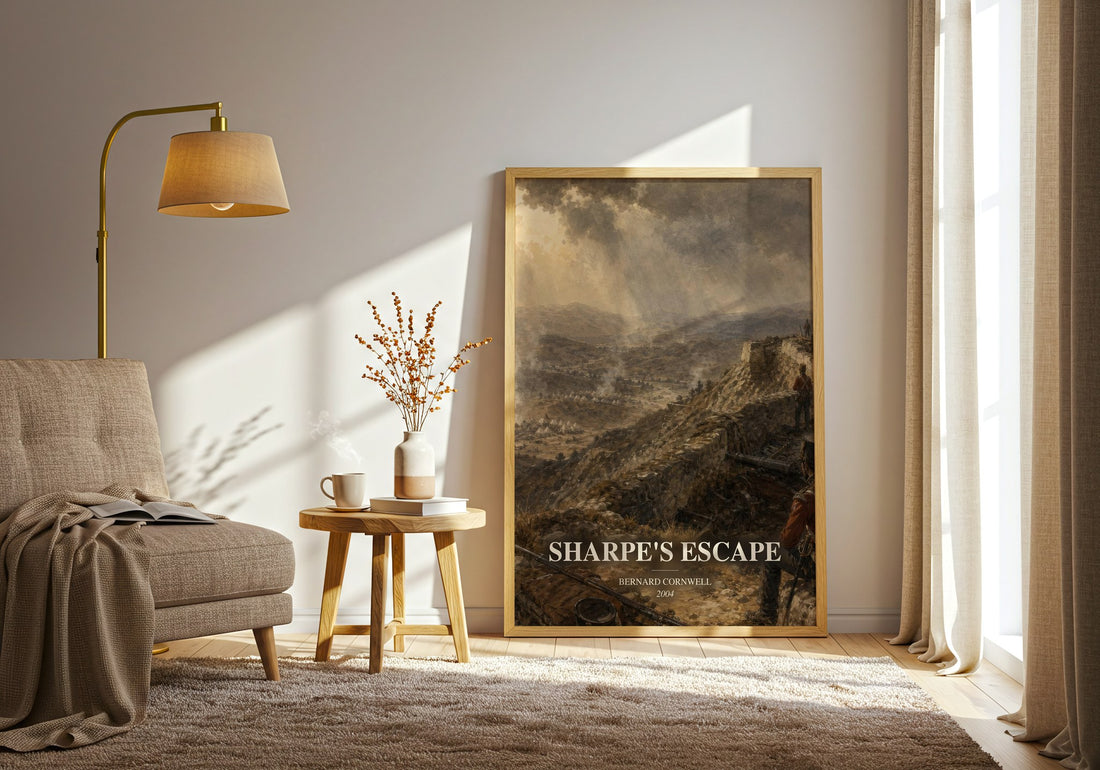 Sharpe's Escape watercolour print in frame leaning in hallway – historical fiction wall art (mockup)
