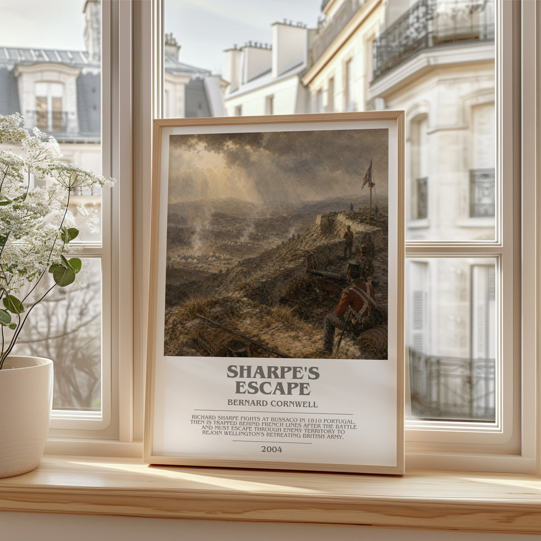 Sharpe's Escape Bookish Wall Art by Bernard Cornwell – framed print by a bright window