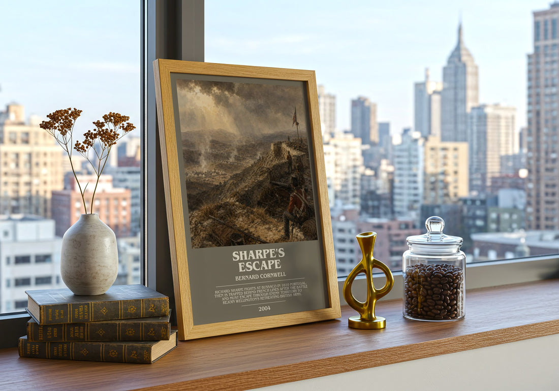 Sharpe's Escape Bookish Wall Art by Bernard Cornwell – framed print on a city-view windowsill