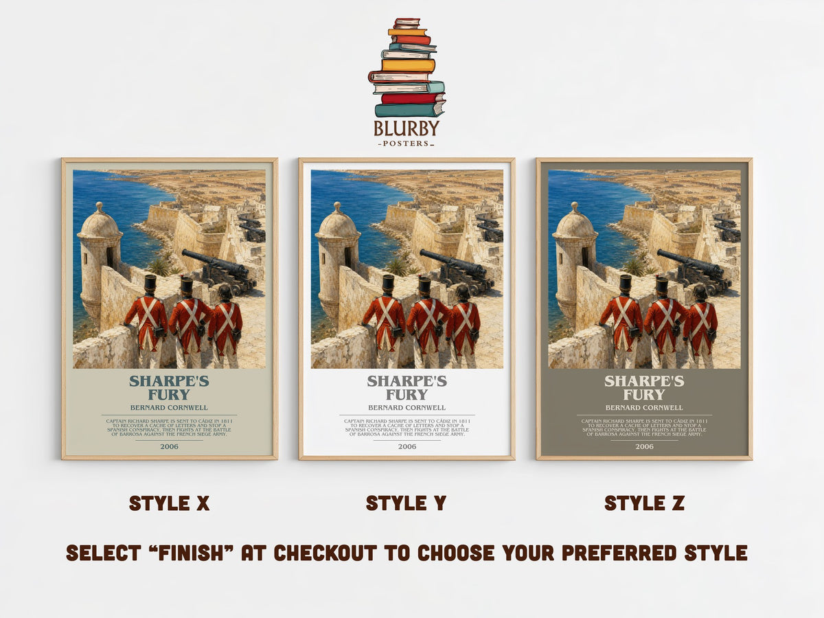 Sharpe's Fury bookish print in frame leaning in hallway – historical fiction wall art (mockup)