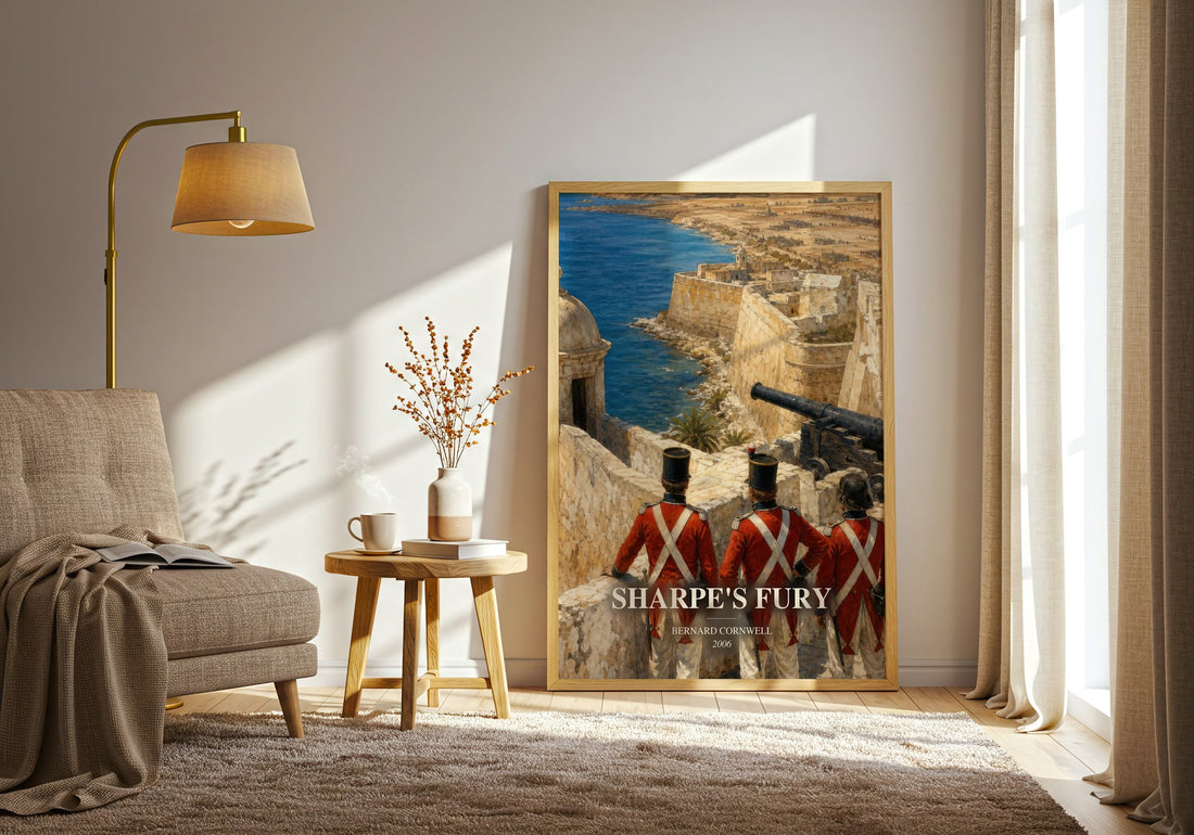 Sharpe's Fury watercolour print in frame leaning in hallway – historical fiction wall art (mockup)