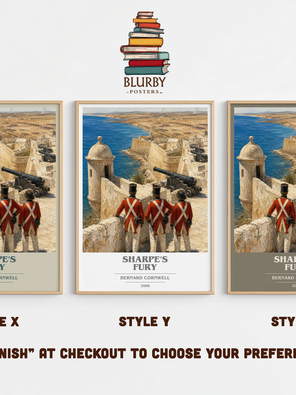 Sharpe's Fury book cover print in frame leaning in hallway – historical fiction wall art