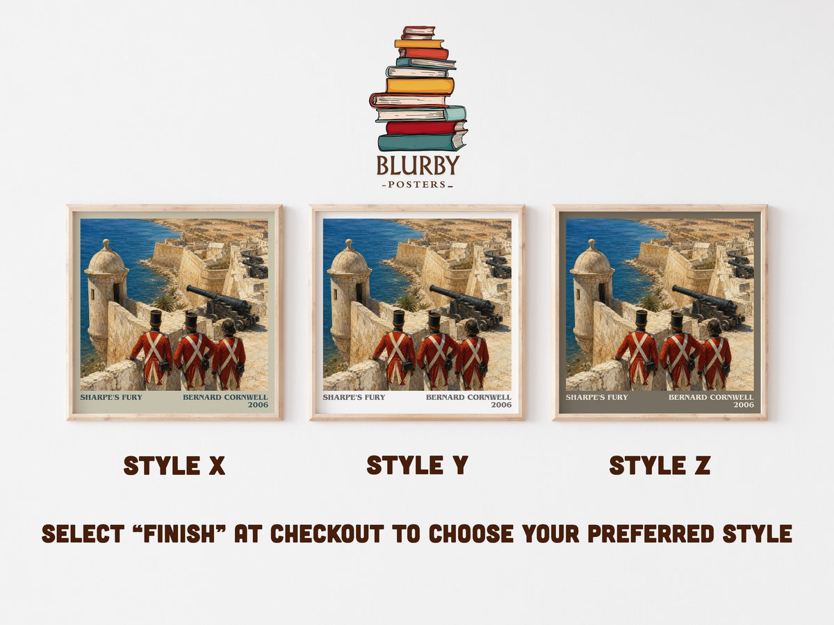 Sharpe's Fury literary print in frame leaning in hallway – historical fiction wall art (mockup)