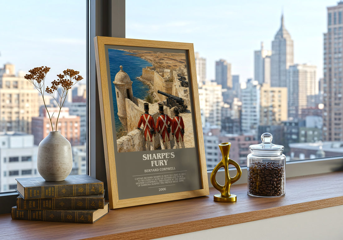 Sharpe's Fury Bookish Wall Art by Bernard Cornwell – framed print on a city-view windowsill