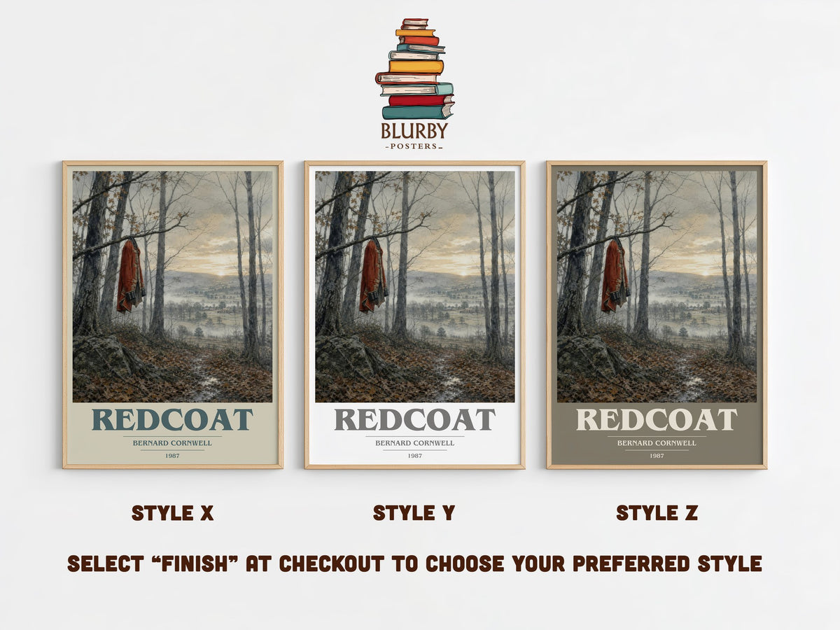 Redcoat book cover print in frame leaning in hallway – historical fiction wall art (mockup)