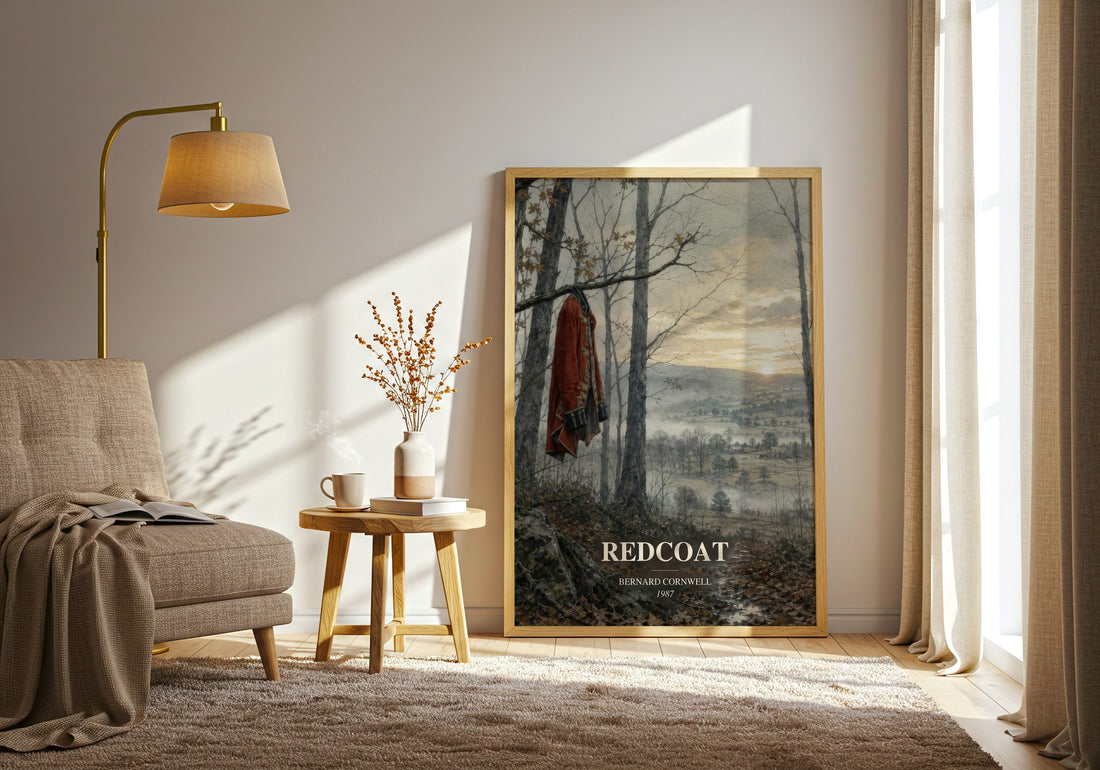 Redcoat watercolour print in frame leaning in hallway – historical fiction wall art (mockup)