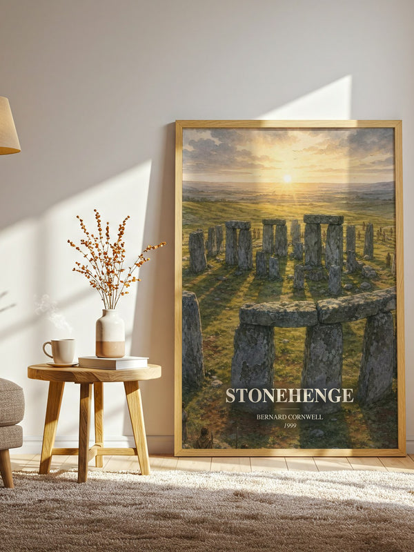 Stonehenge watercolour print in frame leaning in hallway – historical fiction wall art