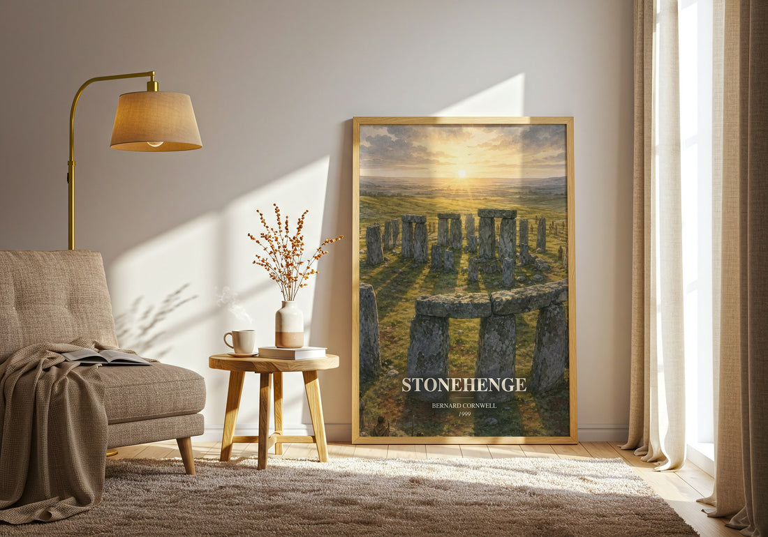 Stonehenge watercolour print in frame leaning in hallway – historical fiction wall art (mockup)