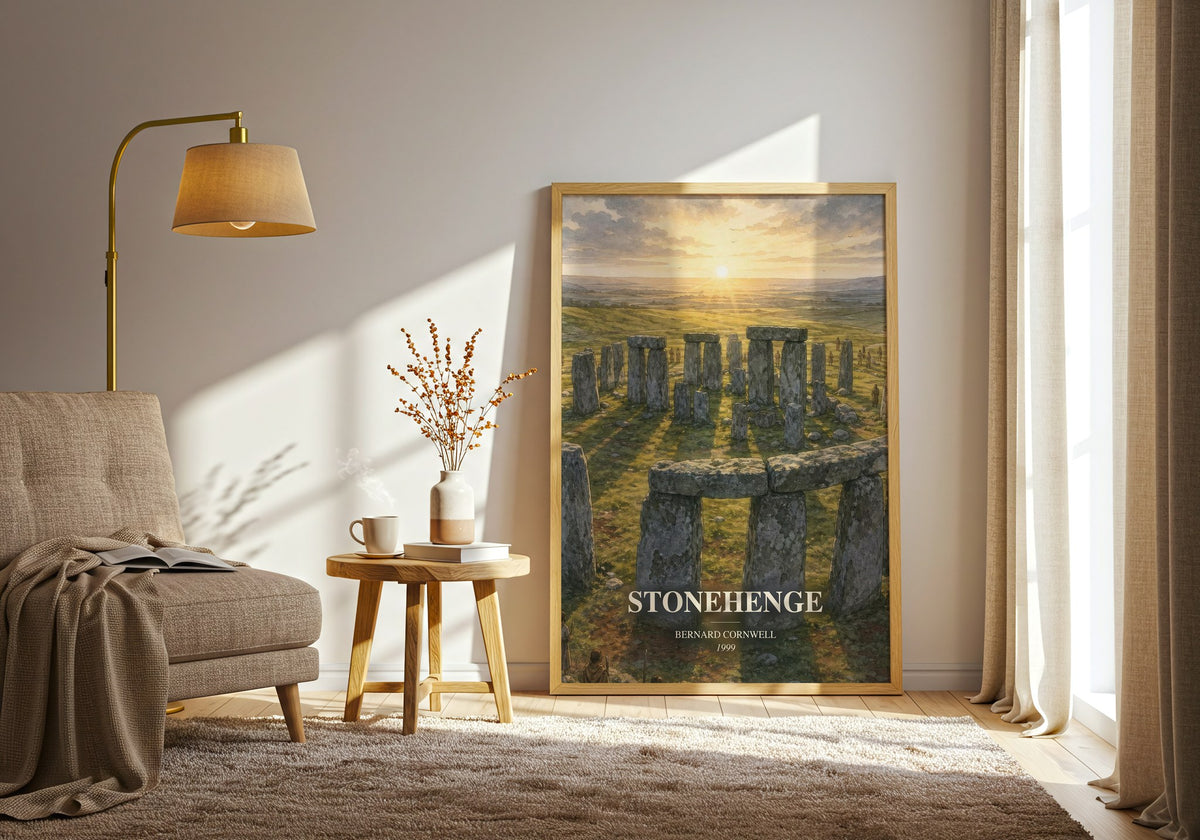 Stonehenge watercolour print in frame leaning in hallway – historical fiction wall art (mockup)