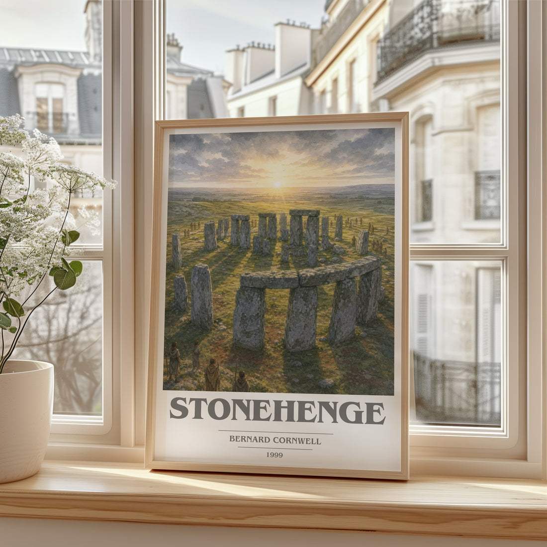 Stonehenge Book Cover Poster by Bernard Cornwell – framed print by a bright window