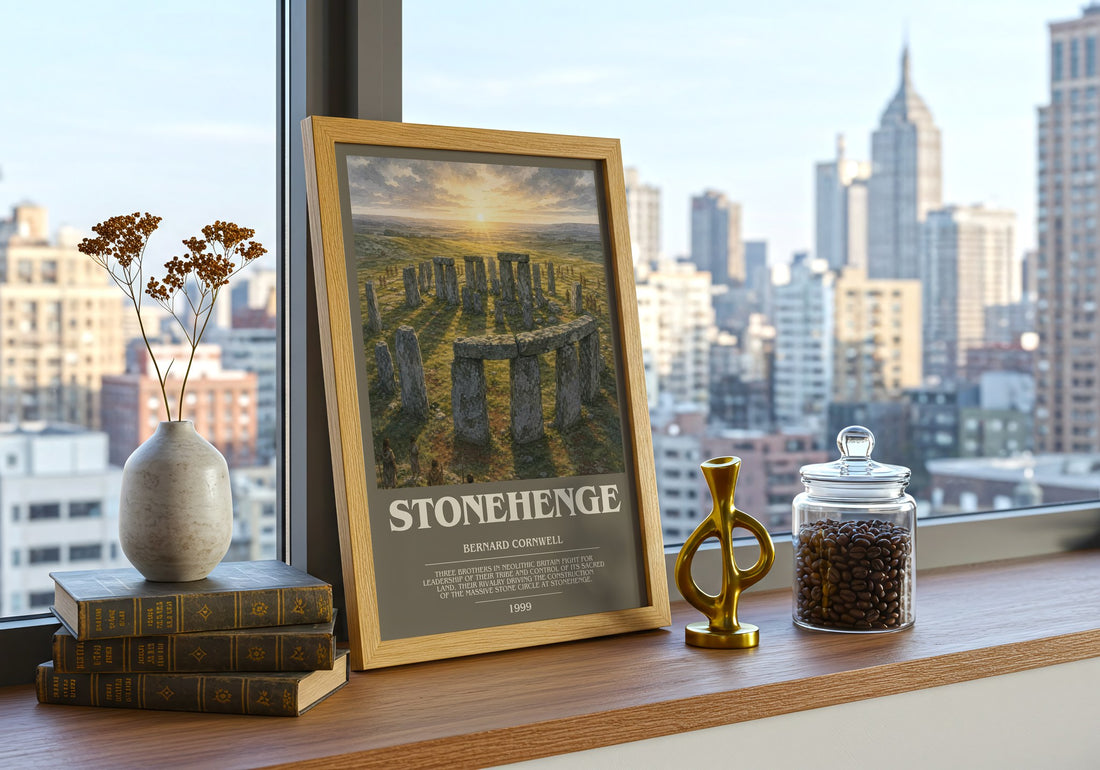 Stonehenge Bookish Wall Art by Bernard Cornwell – framed print on a city-view windowsill