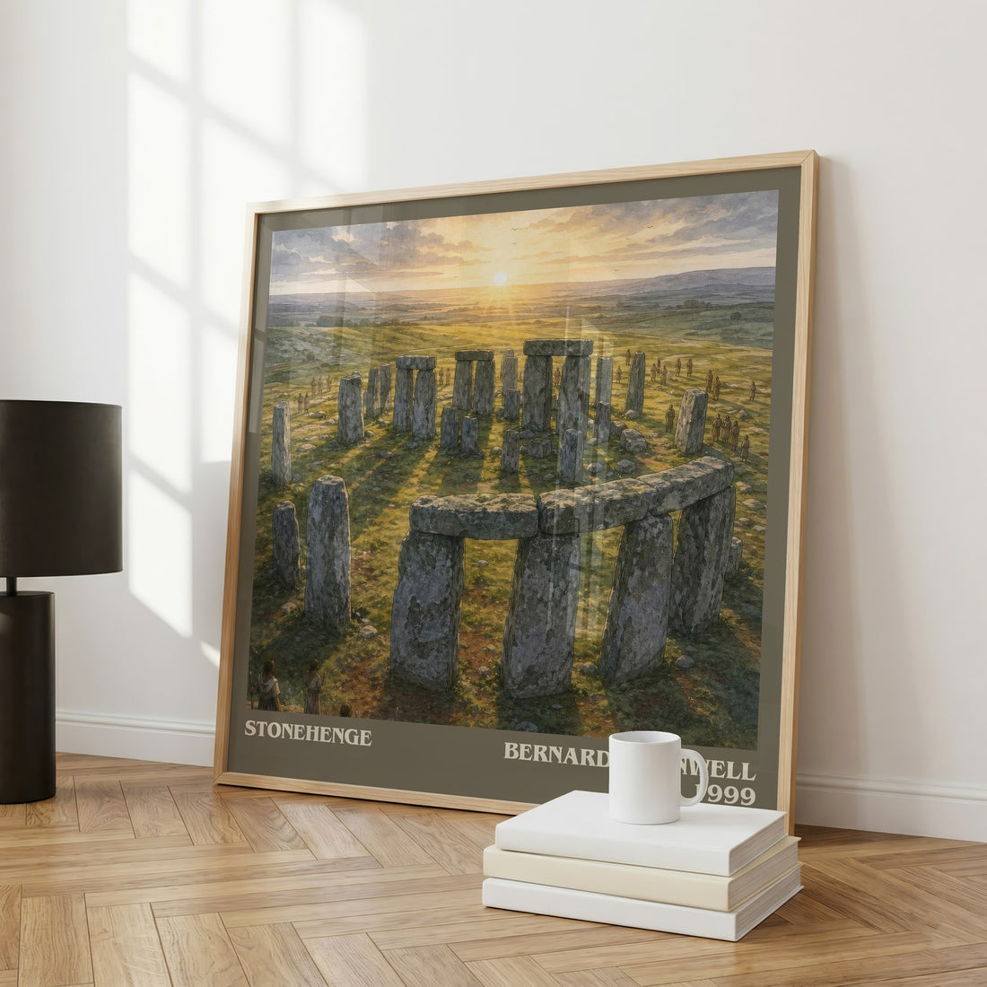 Stonehenge Literary Art Print by Bernard Cornwell – large square framed print leaning against a wall
