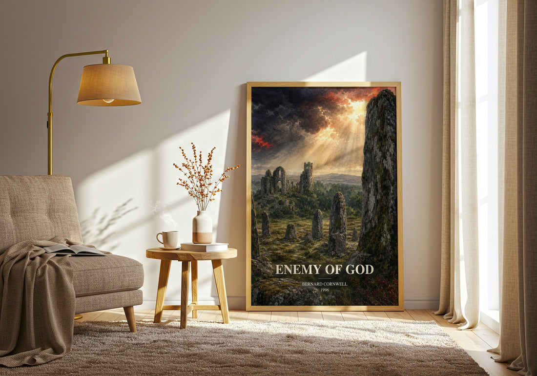 Enemy of God watercolour print in frame leaning in hallway – historical fiction wall art (mockup)