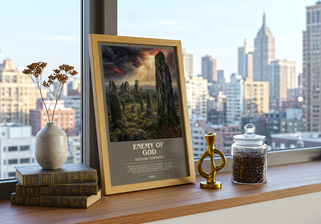 Enemy of God Bookish Wall Art by Bernard Cornwell – framed print on a city-view windowsill