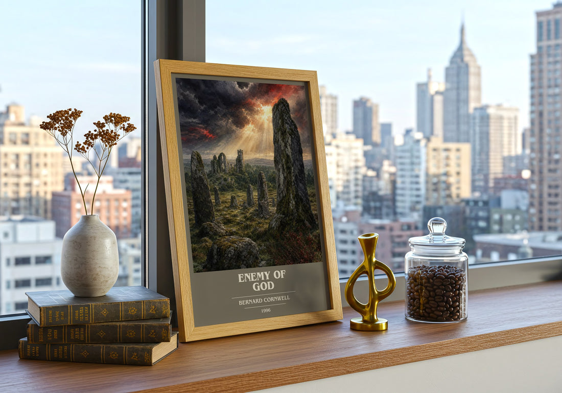 Enemy of God Book Cover Poster by Bernard Cornwell – framed print on a city-view windowsill