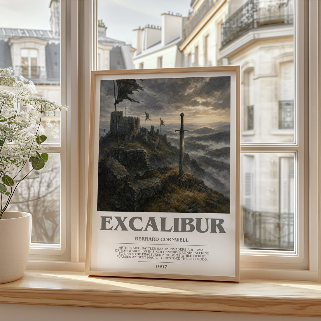 Excalibur Bookish Wall Art by Bernard Cornwell – framed print by a bright window