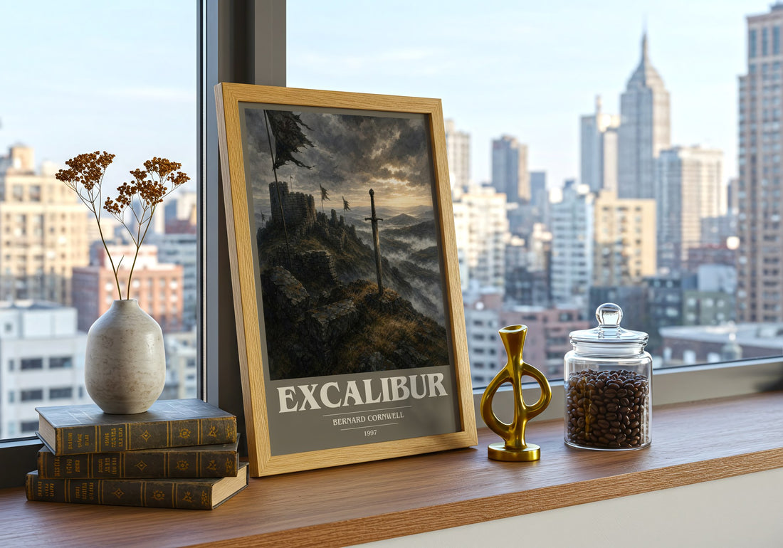 Excalibur Book Cover Poster by Bernard Cornwell – framed print on a city-view windowsill