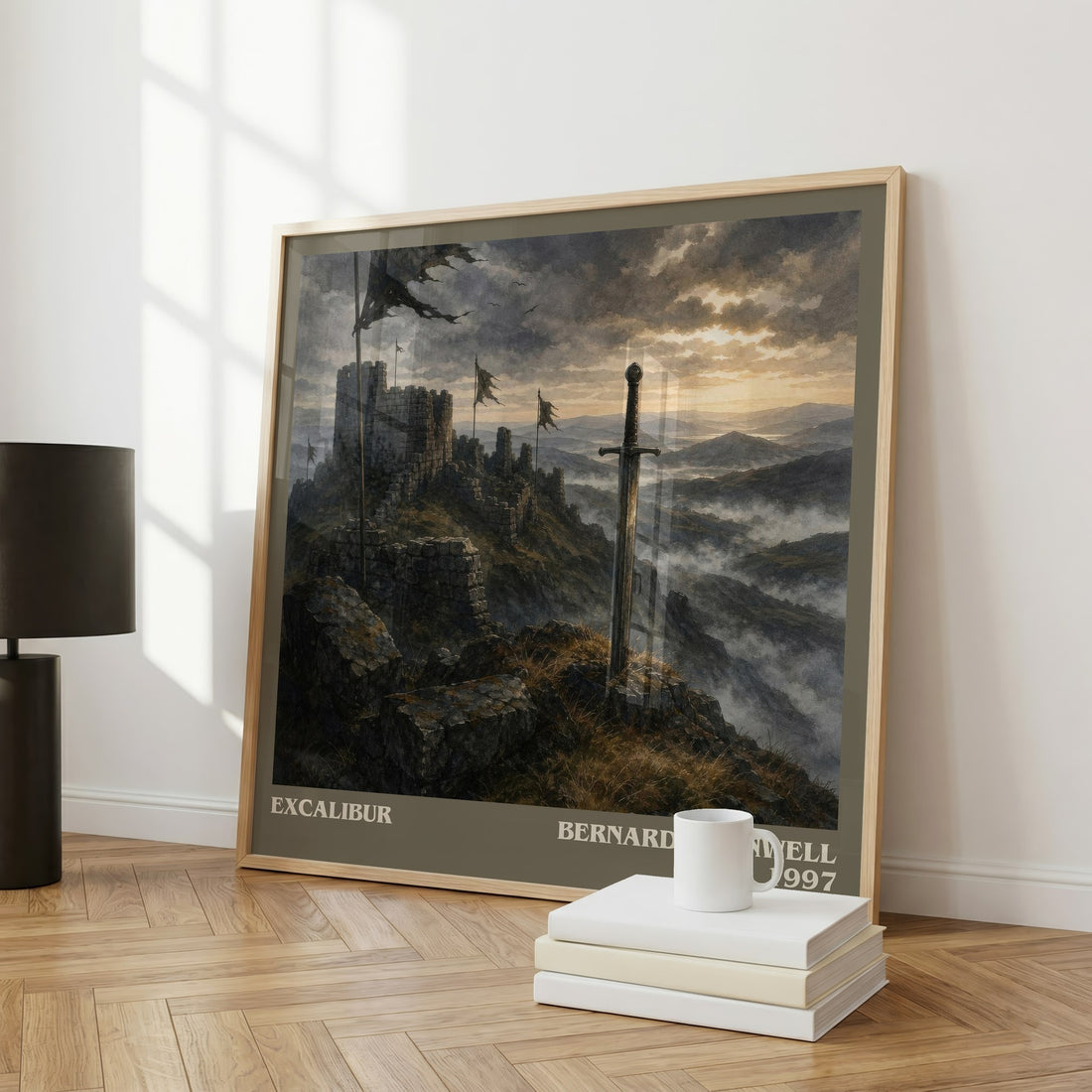 Excalibur Literary Art Print by Bernard Cornwell – large square framed print leaning against a wall