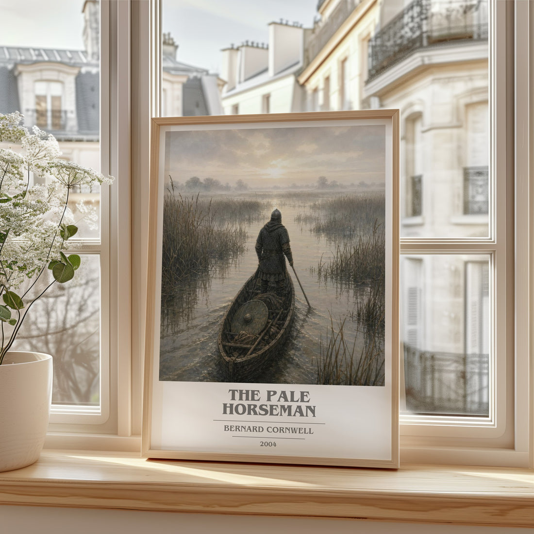 The Pale Horseman Book Cover Poster by Bernard Cornwell – framed print by a bright window