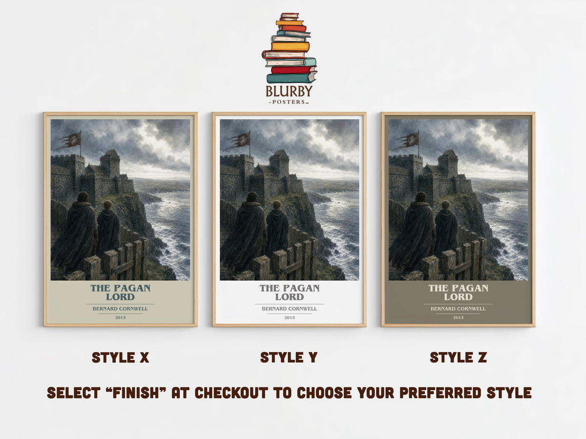 The Pagan Lord book cover print in frame leaning in hallway – historical fiction wall art (mockup)