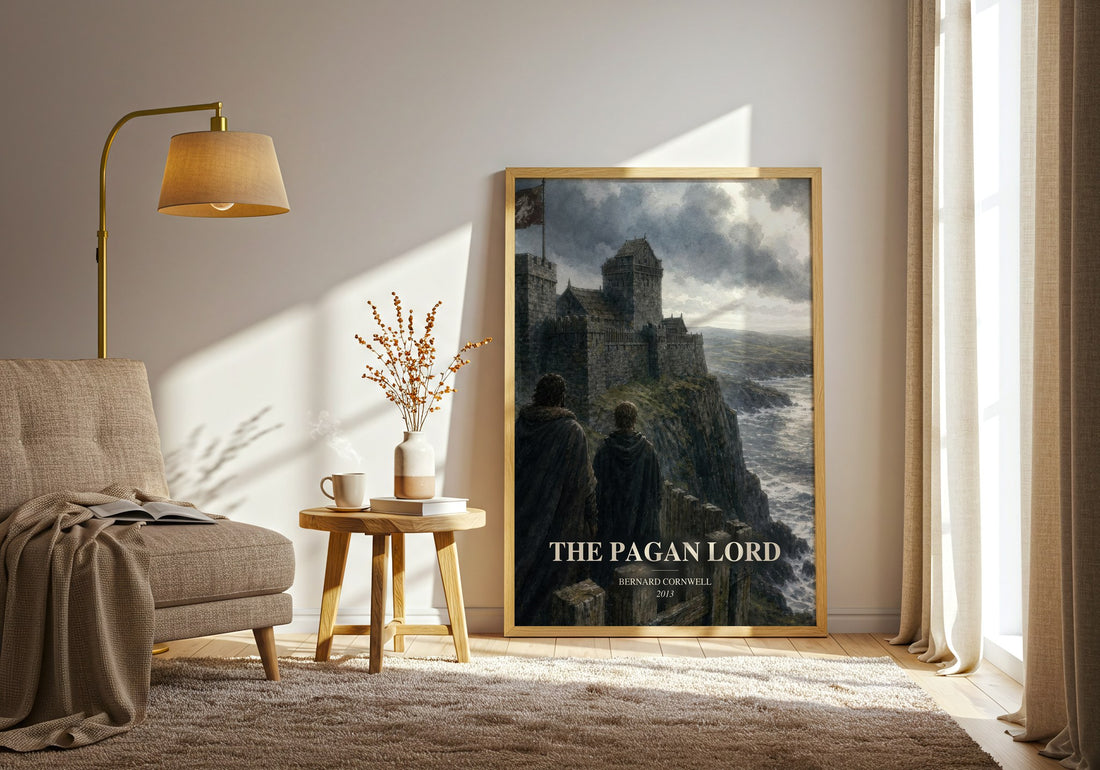 The Pagan Lord watercolour print in frame leaning in hallway – historical fiction wall art (mockup)