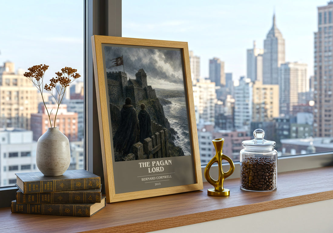 The Pagan Lord Book Cover Poster by Bernard Cornwell – framed print on a city-view windowsill