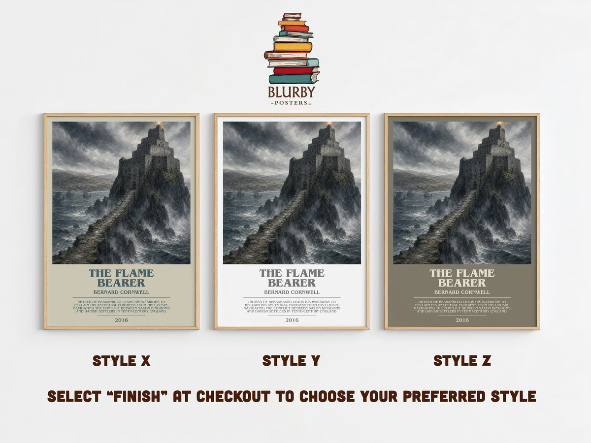 The Flame Bearer bookish print in frame leaning in hallway – historical fiction wall art (mockup)