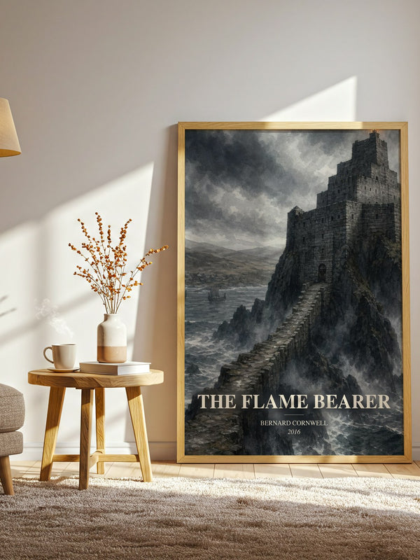 The Flame Bearer watercolour print in frame leaning in hallway – historical fiction wall art