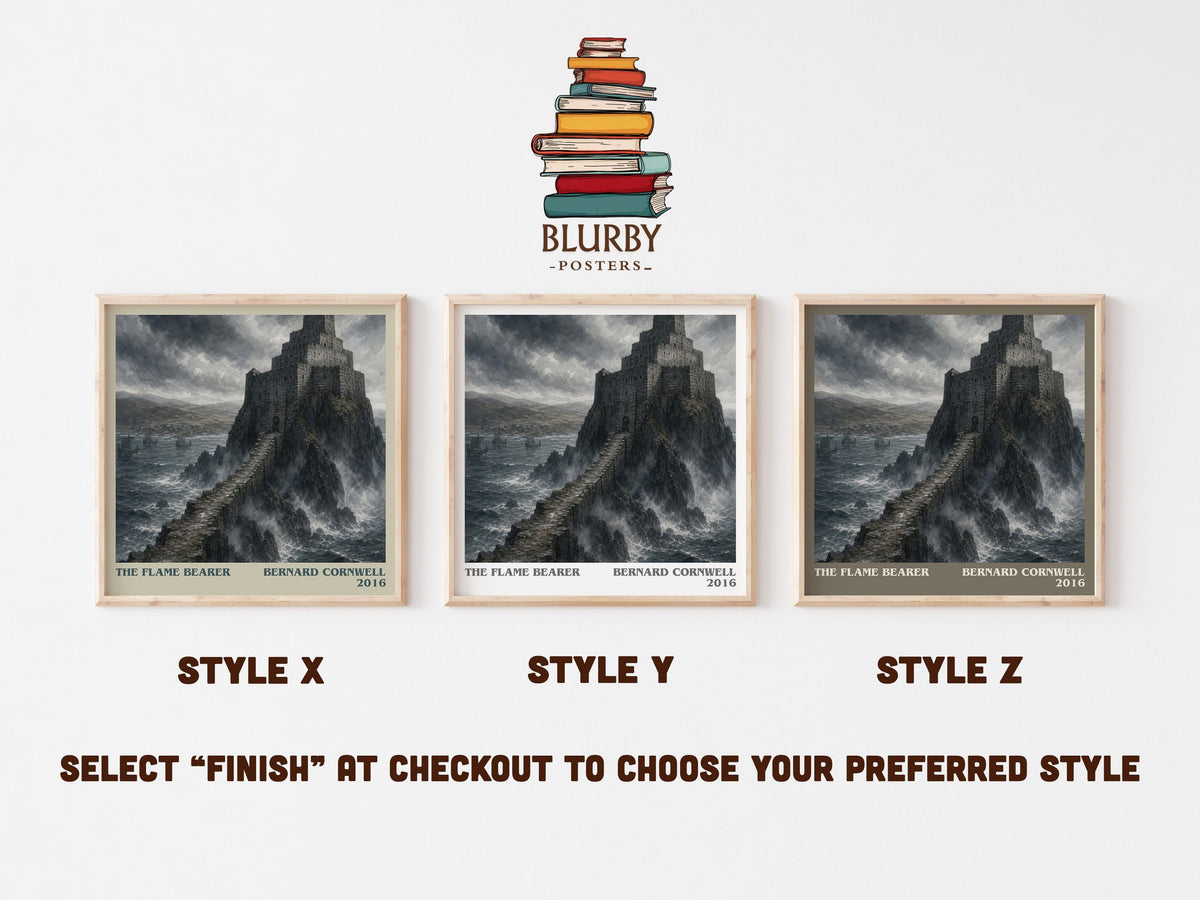 The Flame Bearer literary print in frame leaning in hallway – historical fiction wall art (mockup)