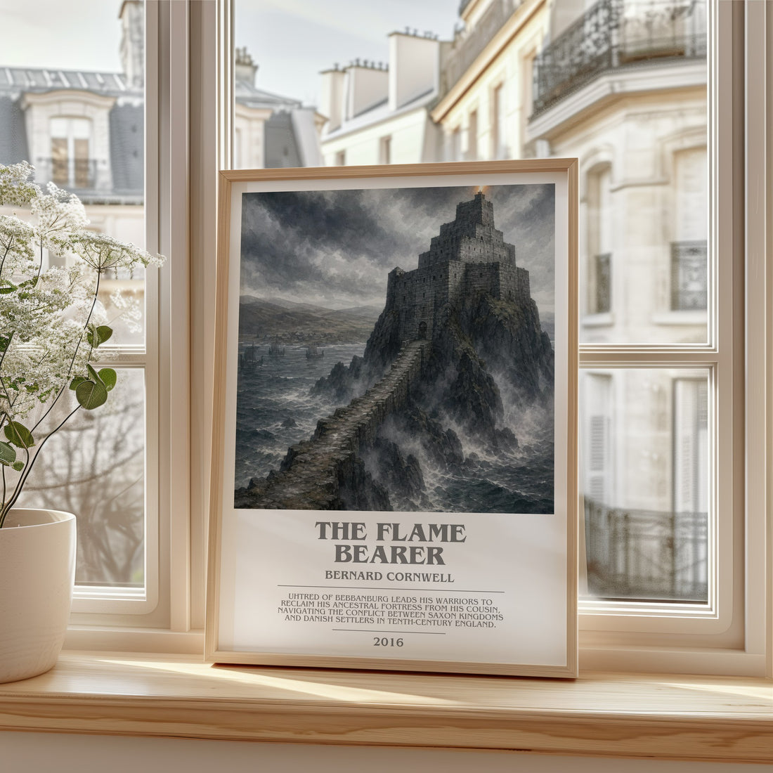 The Flame Bearer Bookish Wall Art by Bernard Cornwell – framed print by a bright window