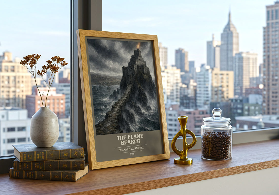 The Flame Bearer Book Cover Poster by Bernard Cornwell – framed print on a city-view windowsill