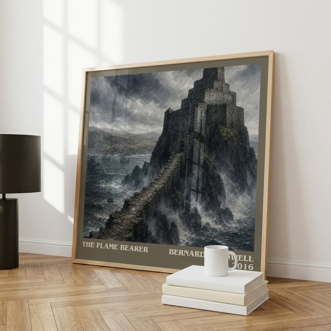 The Flame Bearer Literary Art Print by Bernard Cornwell – large square framed print leaning against a wall