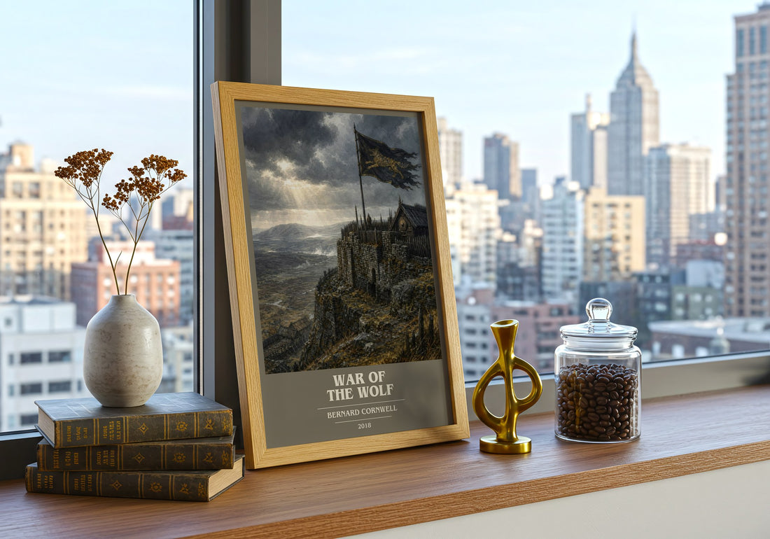 War of the Wolf Book Cover Poster by Bernard Cornwell – framed print on a city-view windowsill