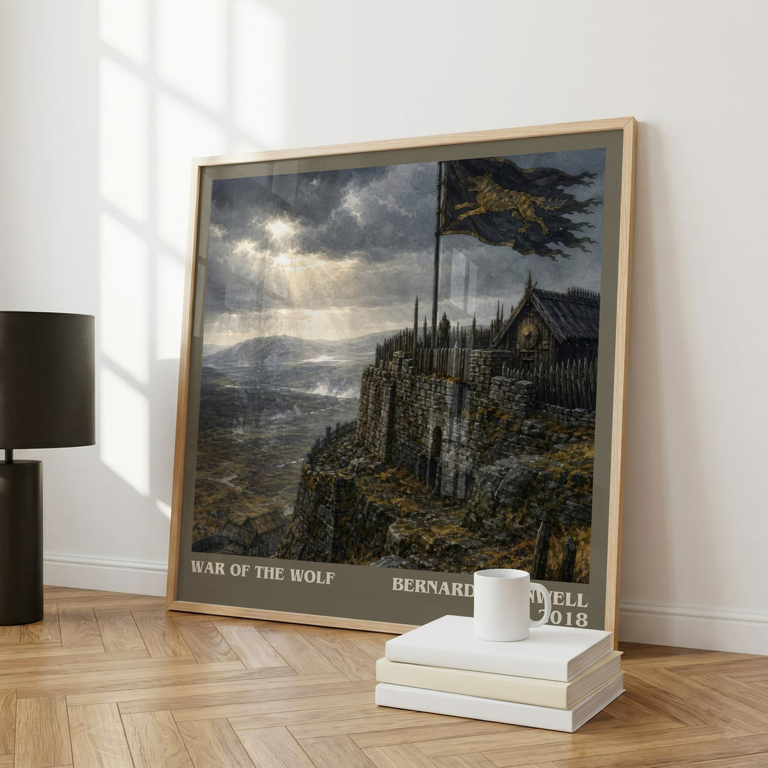 War of the Wolf Literary Art Print by Bernard Cornwell – large square framed print leaning against a wall