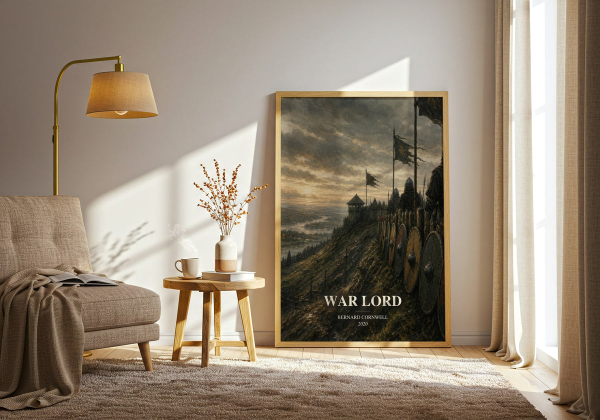 War Lord watercolour print in frame leaning in hallway – historical fiction wall art (mockup)