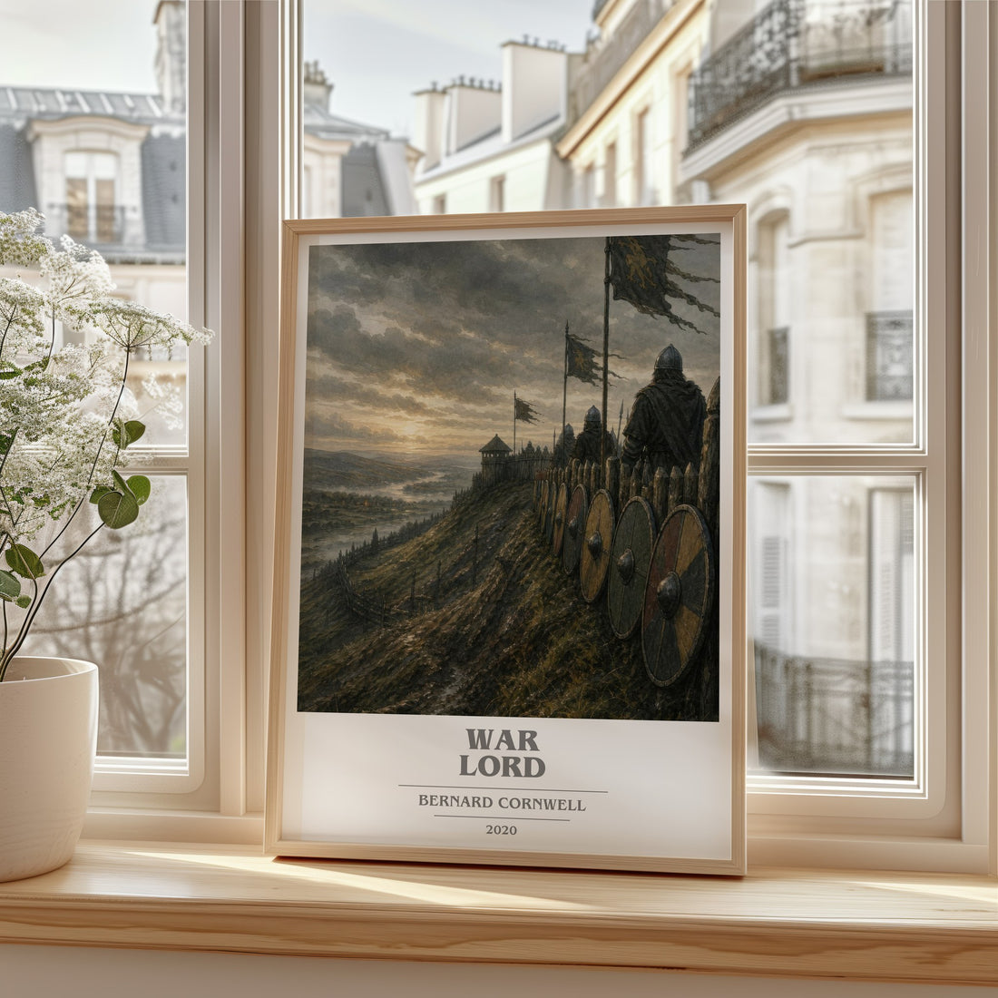 War Lord Book Cover Poster by Bernard Cornwell – framed print by a bright window
