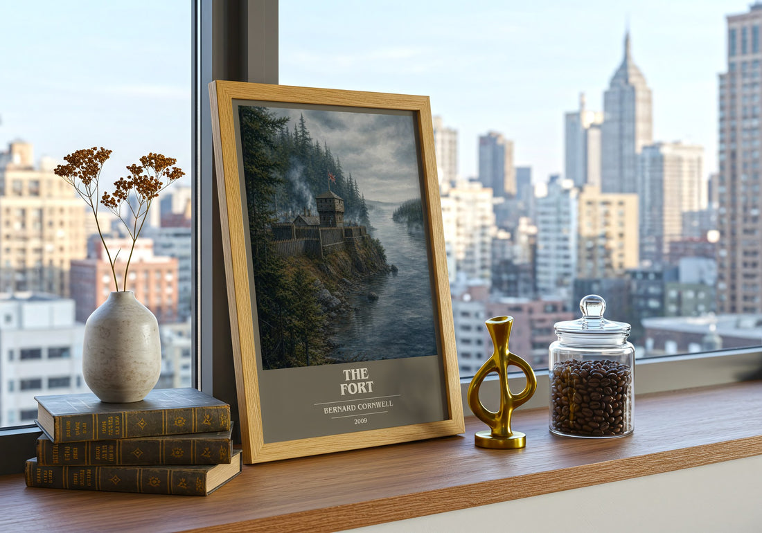 The Fort Book Cover Poster by Bernard Cornwell – framed print on a city-view windowsill