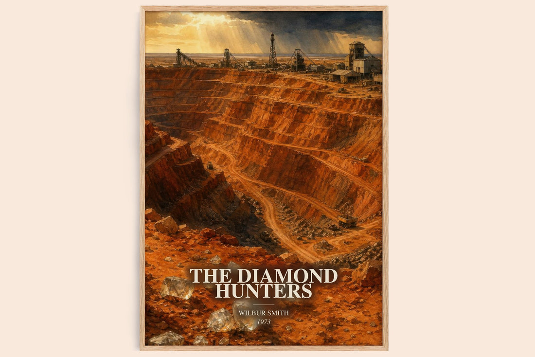 The Diamond Hunters watercolour book poster by Wilbur Smith – framed literary art print