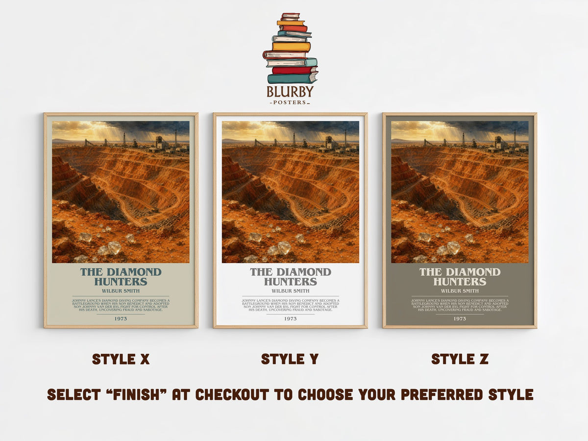 The Diamond Hunters bookish print in frame leaning in hallway – adventure wall art (mockup)