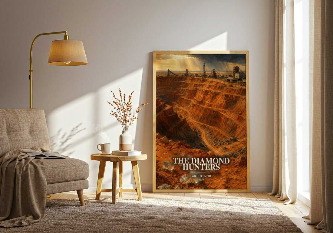 The Diamond Hunters watercolour print in frame leaning in hallway – adventure wall art (mockup)