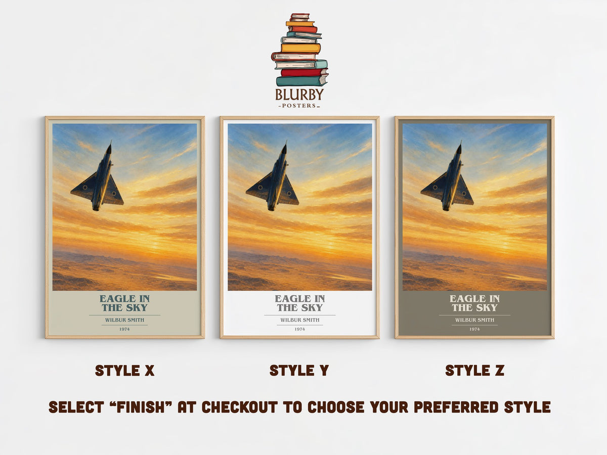 Eagle in the Sky book cover print in frame leaning in hallway – adventure wall art (mockup)